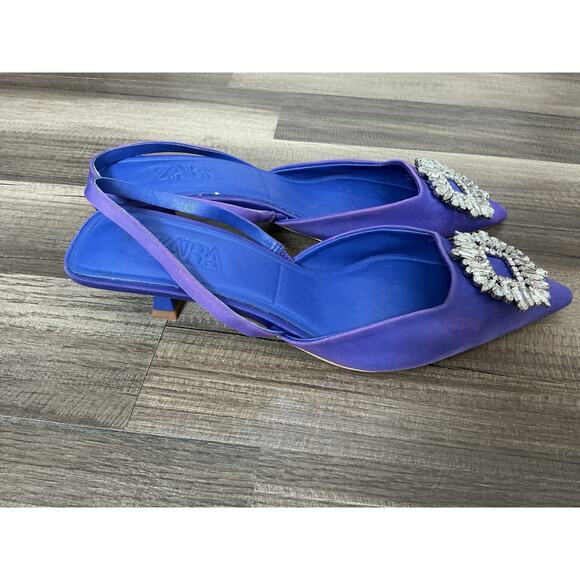 ZARA Slingback Kitten Heels Embellish Rhinestone Purple Blue 39/8.5 Quiet Luxury - Picture 3 of 9